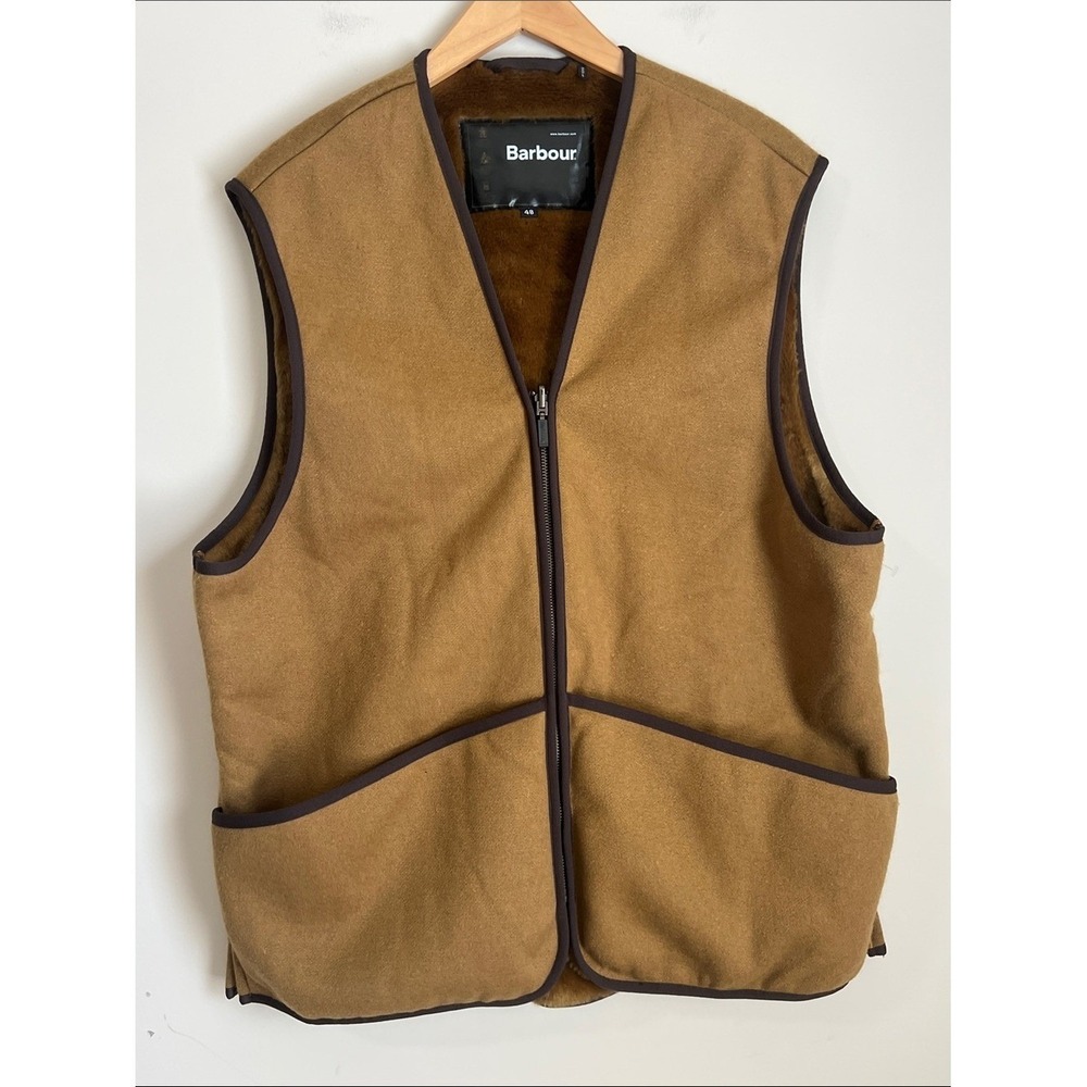 Barbour Vest Mens 48 Brown Warm Pile Waistcoat Zip Fleece Lined Outdoor Gilet
